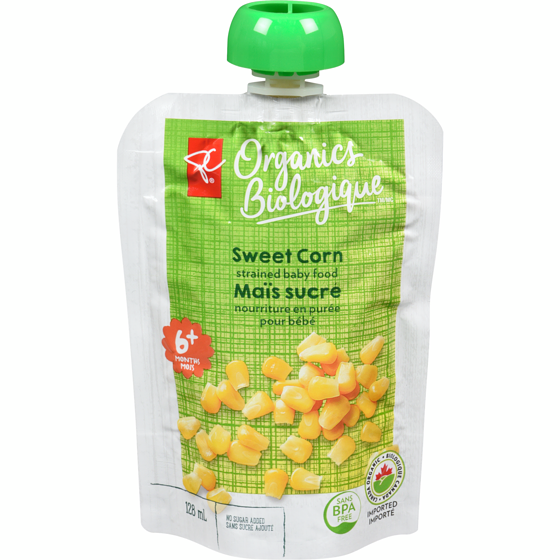 PC Biologique Nourriture en purée pour bébés mais sucre 128 ml, 1,79 $/100ml