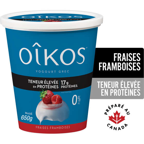 Oikos Yogourt grec, teneur élevée en protéines, fraises-framboises, brassé 650 g, 1,20 $/100g
