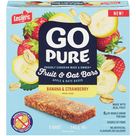 Leclerc Go Pure Fruit and Oat Bars, Banana and Strawberry 140 g, $3.39/100g