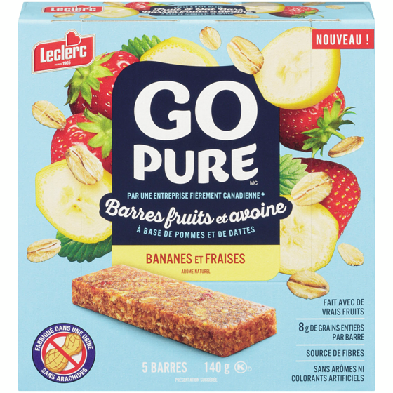 Leclerc Barres fruits et avoine Go Pure, bananes et fraises 140 g, 3,06 $/100g