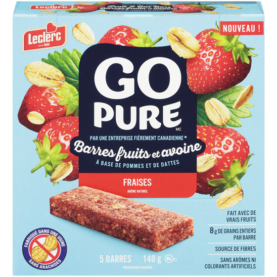 Leclerc Barres aux fruits et à l'avoine fraise Go Pure 140 g, 3,06 $/100g
