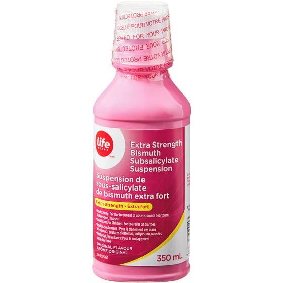 Life Brand Extra Strength Original Flavour Bismuth Subsalicylate Suspension  350 ml, $3.14/100ml