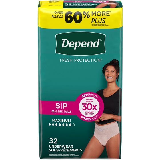 Depend Sous-vêtement d’incontinence Fresh Protection pour femmes, degré d’absorption maximal, P, couleur rosée, 32 unités 32 ea, 1,03 $/1ch