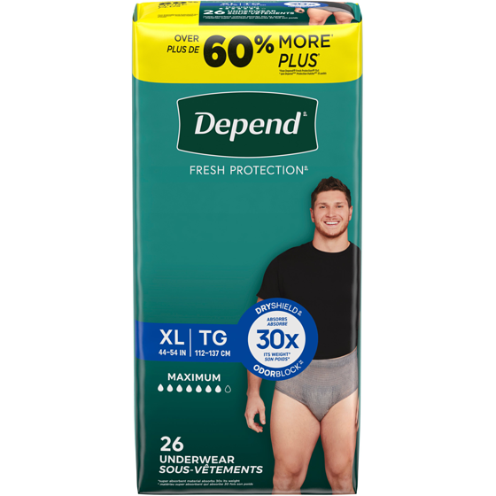 Depend Sous-vêtement d’incontinence Fresh Protection pour hommes, degré d’absorption maximal, TG, gris, 26 unités 26 ea, 1,27 $/1ch