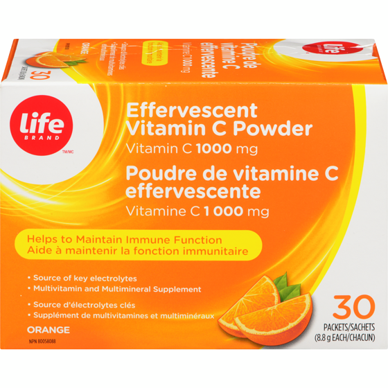 Life Poudre effervescente de vitamine C 1 000 mg, 30 sachets, orange 30 ea, 0,38 $/1ch