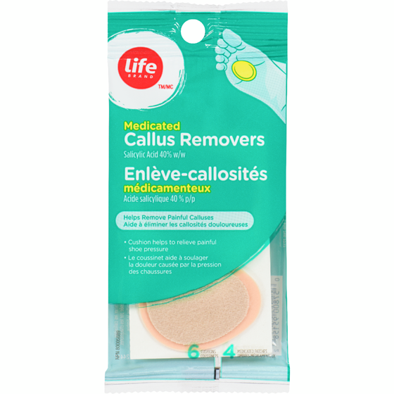 Life Enlève-callosités médicamenteux, 6 coussinets, 4 timbres médicamenteux 1 ea, 6,29 $/1ch
