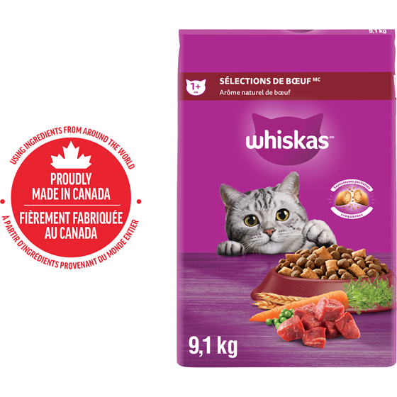 Whiskas Nourriture sèche pour chats adultes Sélections de bœuf avec protéines de haute qualité 9.1 kg, 0,43 $/100g