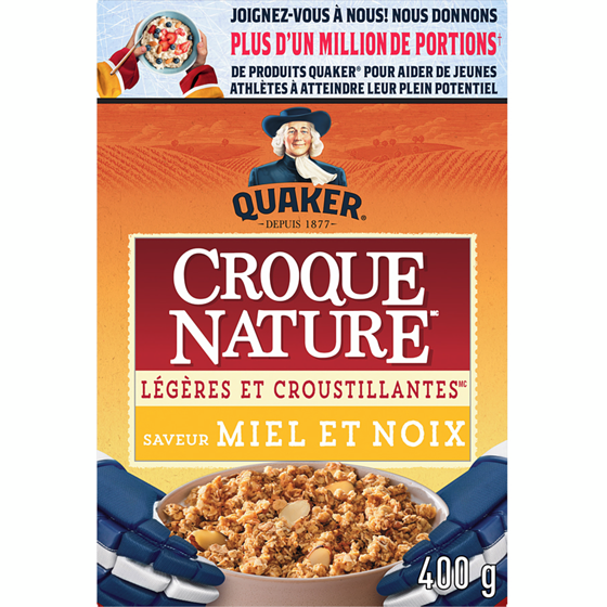 Quaker Céréales granola Croque Nature Légères et croustillantes Saveur Miel et noix 400 g, 1,25 $/100g