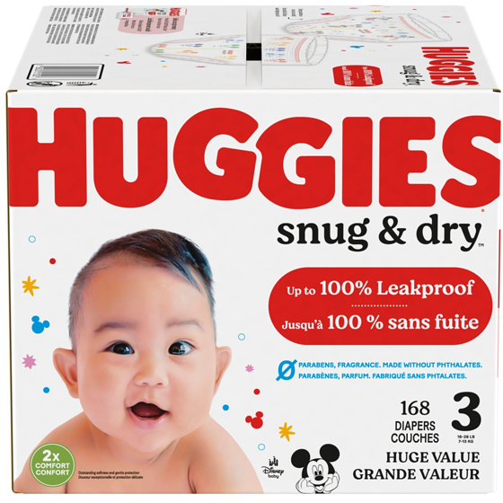 Huggies Couches pour bébés Snug & Dry, taille 3, 168 couches 168 ea, 0,26 $/1ch