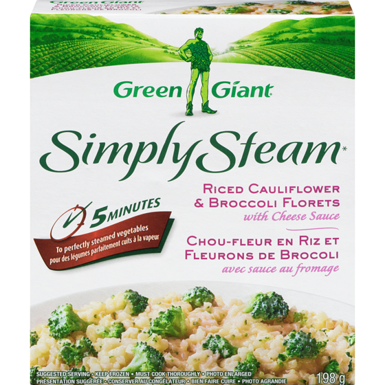Green Giant Riced Cauliflower & Broccoli Florets With Cheese Sauce 198 g, $1.41/100g