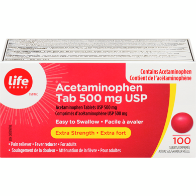 Life Acétaminophène Life 500 mg 100 ea, 0,09 $/1ch