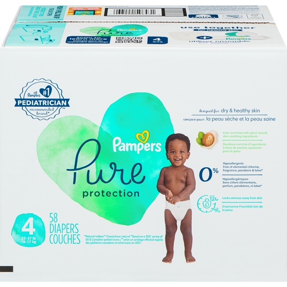 Pampers Couches Pure Protection, taille 4, 58 couches 58 ea, 0,60 $/1ch