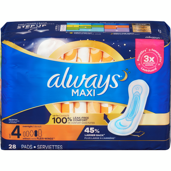 Always Maxi Overnight Pads without Wings, Size 4, Overnight, Unscented, 28 CT 28 ea, $0.54/1ea