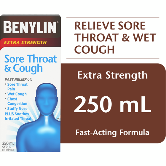 Benylin Sore Throat & Cough Syrup Extra Strength 250 ml, $6.40/100ml