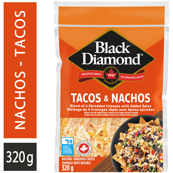 Black Diamond Fromage râpé tacos et nachos. 320 g, 2,03 $/100g