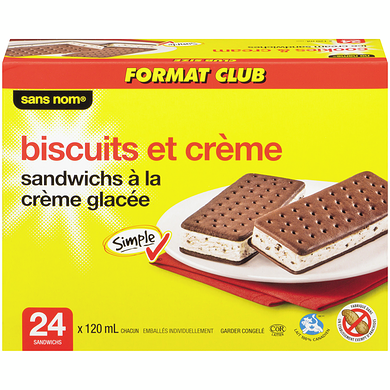 Sans Nom Sandwiches à la crème glacée biscuits et crème, format club 24x120.0 ml, 0,35 $/100ml