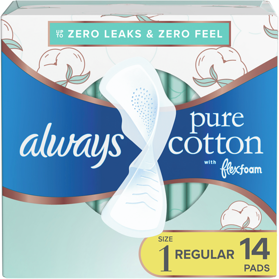 Always Serviettes Pure Cotton, flux régulier, avec ailes, pour femmes, taille 1, non parfumées, 14 serviettes 14 ea, 0,36 $/1ch