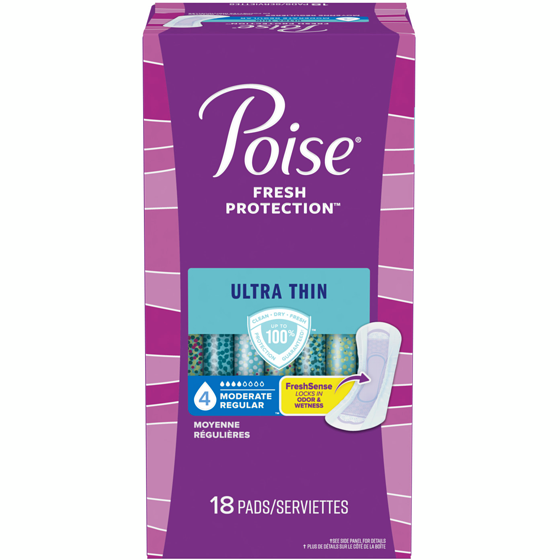 Poise Serviettes ultraminces d’incontinence et d’incontinence en période post-partum pour fuites urinaires, degré d’absorption moyen à 4 gouttes, longueur régulière, 18 unités 18x1.0 ea, 0,44 $/1ch