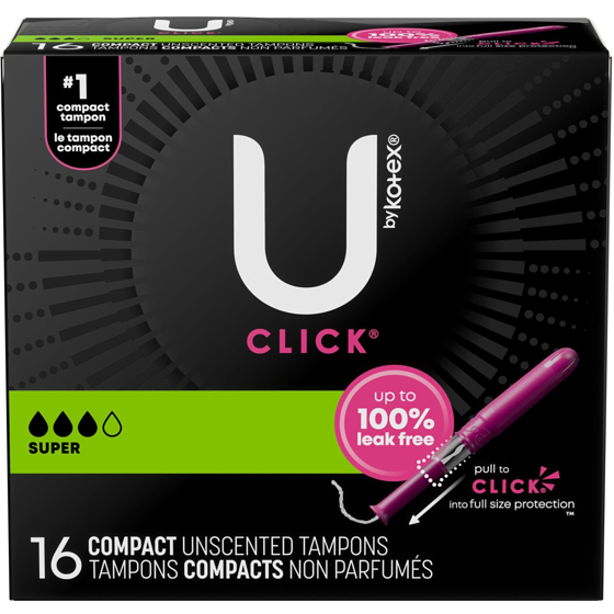 U by Kotex Tampons compacts Click, super, non parfumés, 16 tampons 16 ea, 0,41 $/1ch