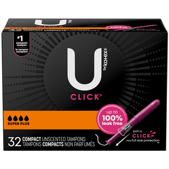 U by Kotex Tampons compacts Click, super plus, non parfumés, 32 tampons 32 ea, 0,36 $/1ch
