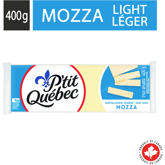 P'tit Québec Fromage mozza partiellement écrémé. 400 g, 1,62 $/100g