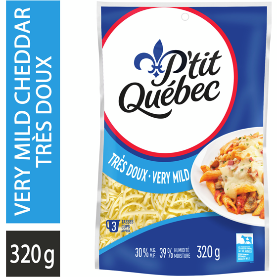 P'tit Québec Very Mild Cheddar Shredded Cheese 320 g, $2.97/100g