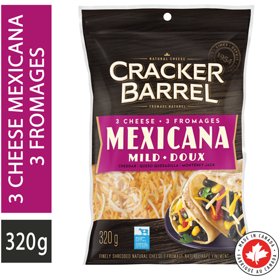 Cracker Barrel 3 Cheese Mexicana Mild Shredded Cheese 320 g, $2.65/100g
