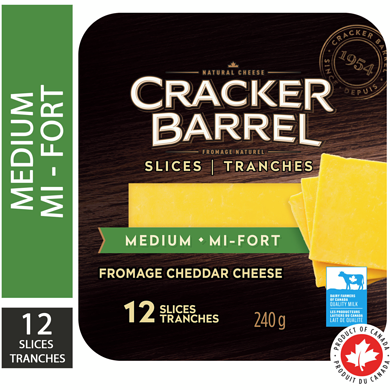 Cracker Barrel Medium Cheddar Cheese Slices, 12 units 240 g, $2.29/100g