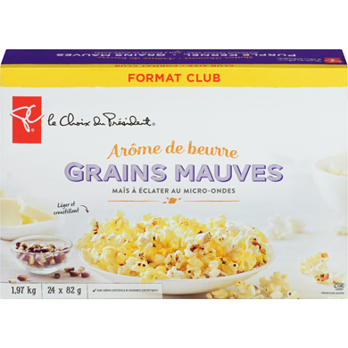 le Choix du Président Maïs à éclater au micro-ondes à grains mauves, arôme de beurre  24x1980.0 g, 0,68 $/100g