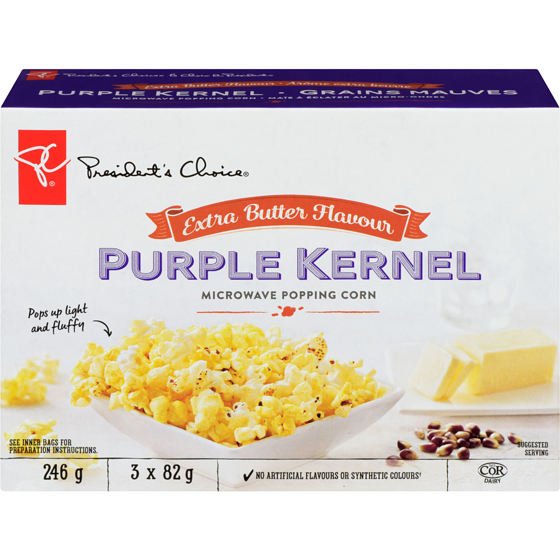 President's Choice Extra Butter Flavour Purple Kernel Microwave Popcorn 247 g, $1.41/100g