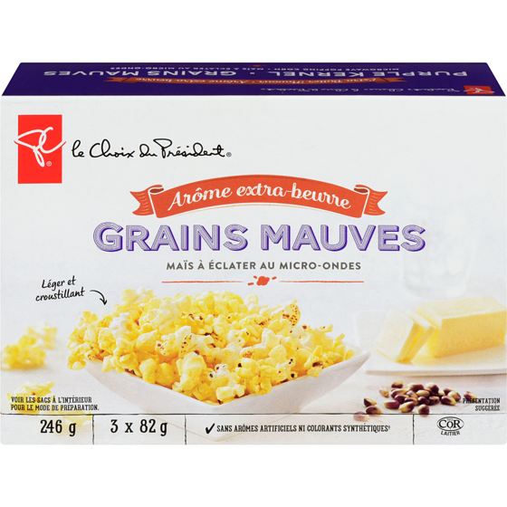 le Choix du Président Maïs à éclater au micro-ondes à grains mauves, arôme extra-beurre  247 g, 1,41 $/100g