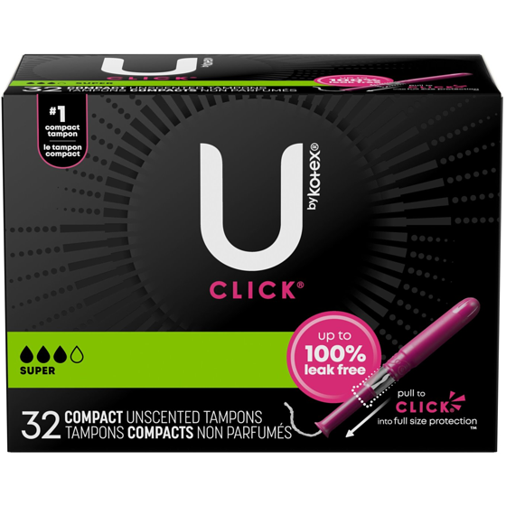 U by Kotex Tampons compacts Click, super, non parfumés, 32 tampons 32 ea, 0,36 $/1ch