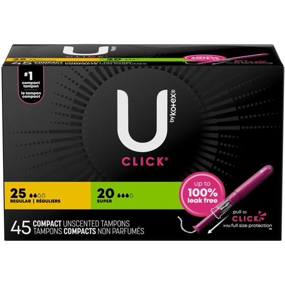 U by Kotex Tampons compacts Click, réguliers/super, emballage multiple, non parfumés, 45 tampons 45 ea, 0,36 $/1ch