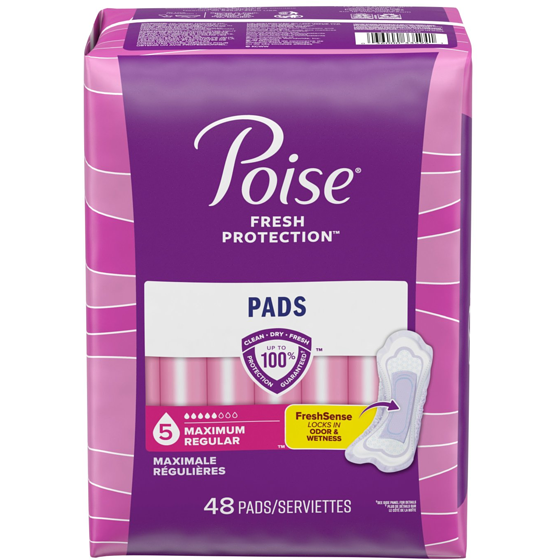 Poise Serviettes pour incontinence Poise, absorption maximale, longueur ordinaire, 48 serviettes 48 ea, 0,42 $/1ch