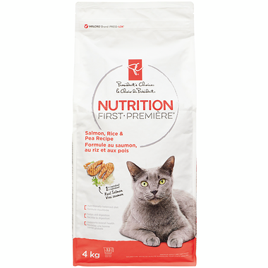 Nourriture pour chats Nutrition première, saumon, riz et pois PC