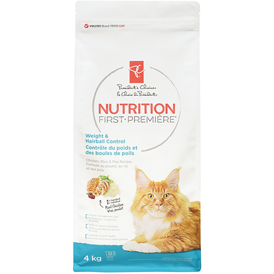 le Choix du Président Nourriture pour chats contrôle du poids et des boules de poils Nutrition première, poulet, riz et pois 4 kg, 0,63 $/100g