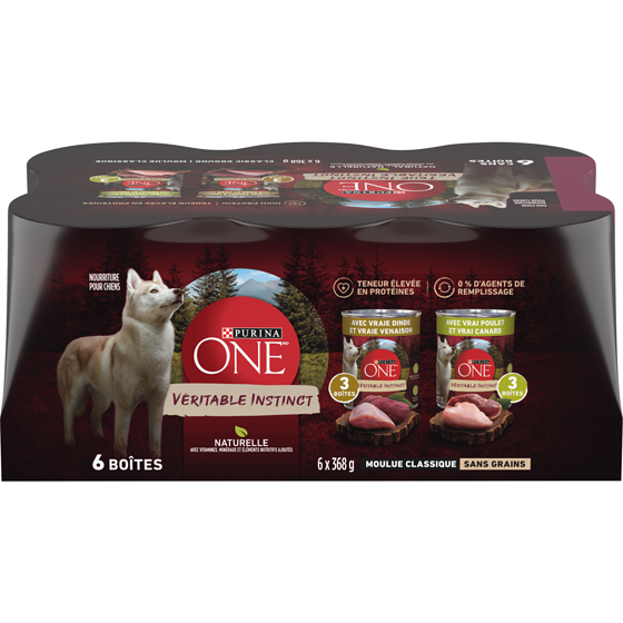 Purina ONE Véritable Instinct Moulue Classique Emballage Assorti Dinde, Venaison, Poulet et Canard, Nourriture Humide pour Chiens 6 x 368 g 2.208 kg, 0,77 $/100g