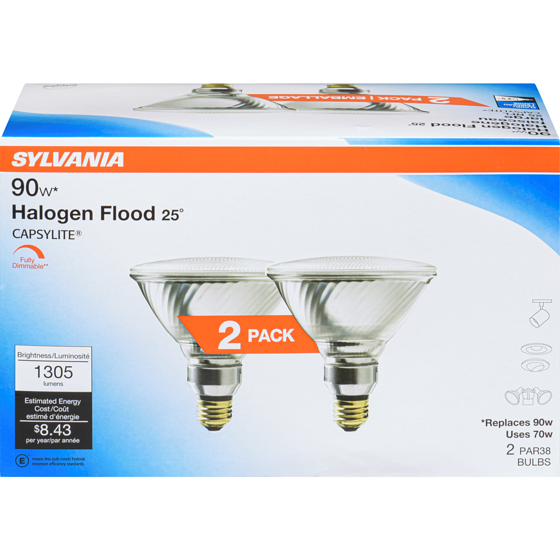 Sylvania 90 W Halogen Flood 25° Par38 Bulbs 2 ea, $11.50/1ea