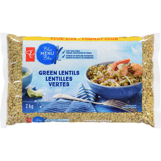PC Blue Menu Green Lentils Club Size 2 kg, $0.33/100g