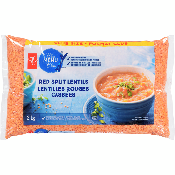PC Blue Menu Red Split Lentils Club Size 2 kg, $0.25/100g