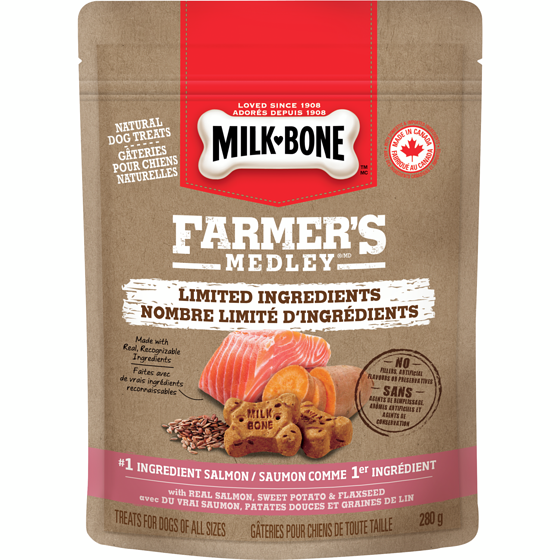 Milk-Bone Gâteries pour chiens Farmer’s Medley à nombre limité d’ingrédients, variété au saumon, 280 g 280 g, 2,14 $/100g