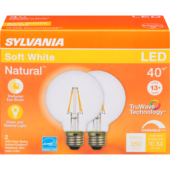 Sylvania Soft White Led 40 W G25 Clear Bulbs 2 ea, $8.00/1ea