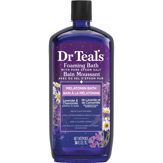 Dr. Teal’s Bain Moussant avec du Sel D'Epsom Pur, Bain à la Mélatonine, Lavande et de Camomille Mélange D'Huiles Essentielles 1000 ml, 1,12 $/100ml