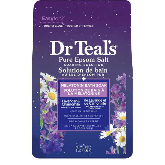 Dr. Teal’s Solution de bain au sel d'epsom pur, à Mélatonine de Lavande et de Camomille mélange d'huiles essentielles 1.36 kg, 0,82 $/100g