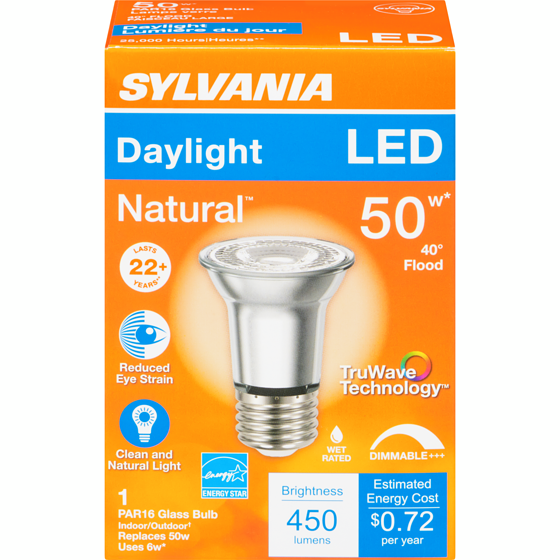Sylvania Daylight Led 50 W 40° Flood Par16 Glass Bulb 1 ea, $9.00/1ea