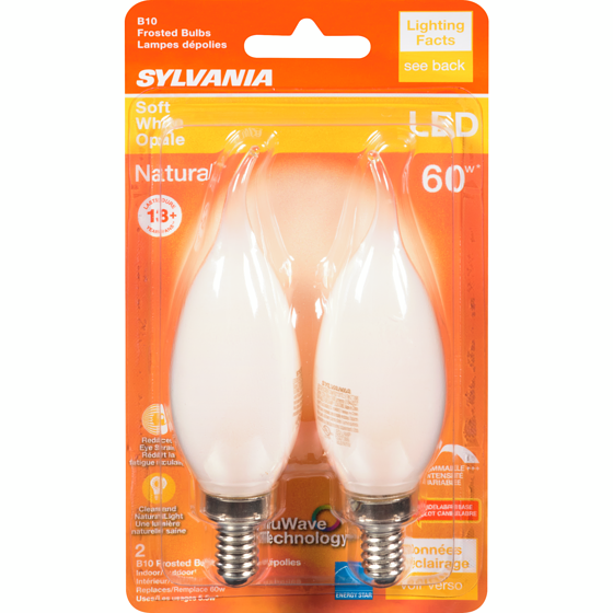 Sylvania Soft White Led 60 W B10 Frosted Bulbs 2 ea, $6.00/1ea