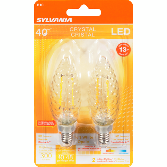 Sylvania Indoor Outdoor B10 Bulbs Crystal Led Soft White 40 W 2 ea, $11.00/1ea