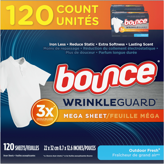 Bounce WrinkleGuard Mega Dryer Sheets, 120 Count, Wrinkle Release Fabric Softener Sheets with Outdoor Fresh Scent 120 ea, $0.12/1ea