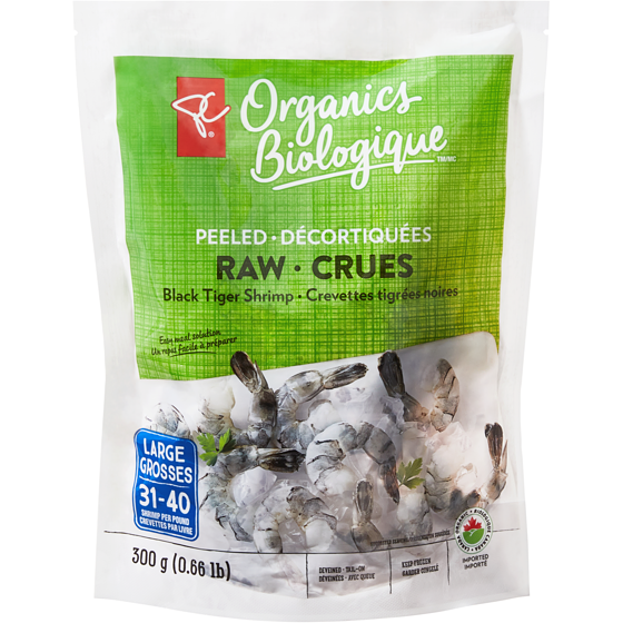 PC Biologique Crevettes tigrées noires crues et décortiquées biologiques 300 g, 4,66 $/100g