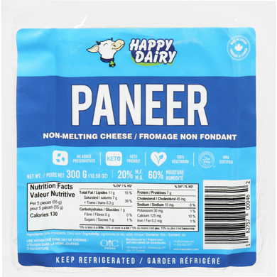Happy Dairy Fromage Non Fondant Paneer 20% M.G. 300 g, 1,50 $/100g